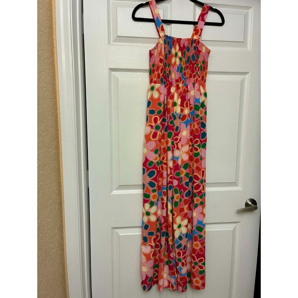 Jumpsuit Womens S Pink Orange Floral Smocked Strapless Wide Leg Palazzo Casual